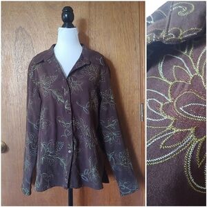 VTG Apparenza Brown Suede Floral Embroidered Vintage Button Down Long Shirt L